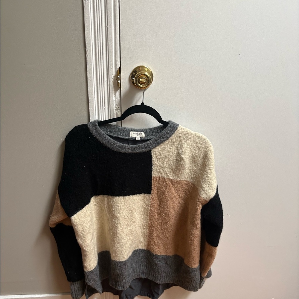 Umgee Multicolor Block Sweater - Black, Cream, Tan